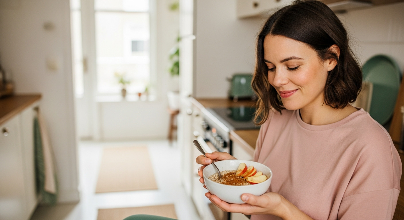 eiwitrijke-ovennacht-havermout-kaneel-appel Gezonde bowl met eiwitrijke ovennacht havermout, kaneel en verse appelplakken in moderne keuken