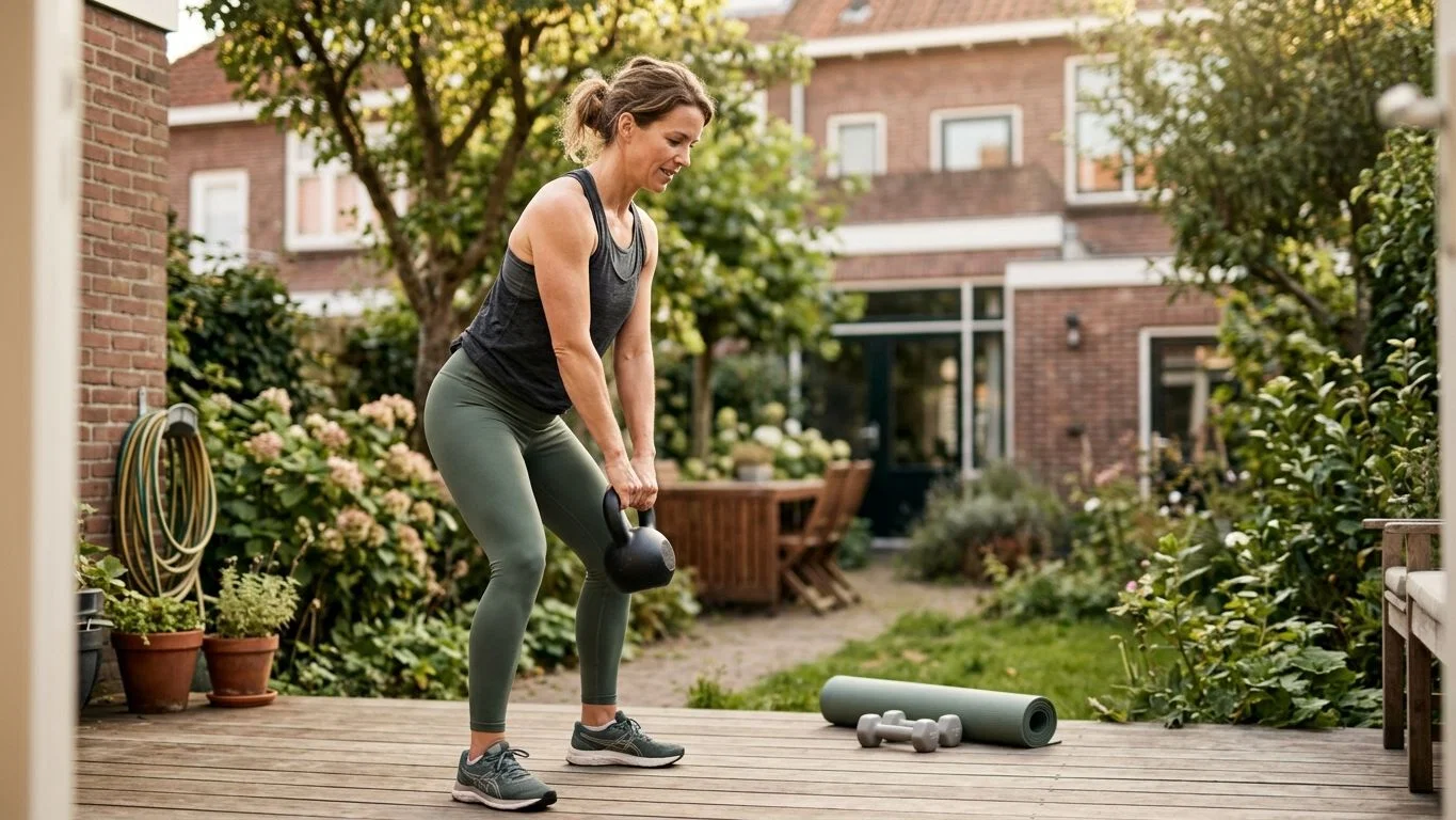 afvallen-sporten-moeder-thuis-3 Moeder voert kettlebell-oefening uit in achtertuin voor functioneel thuis training en afvallen met sporten