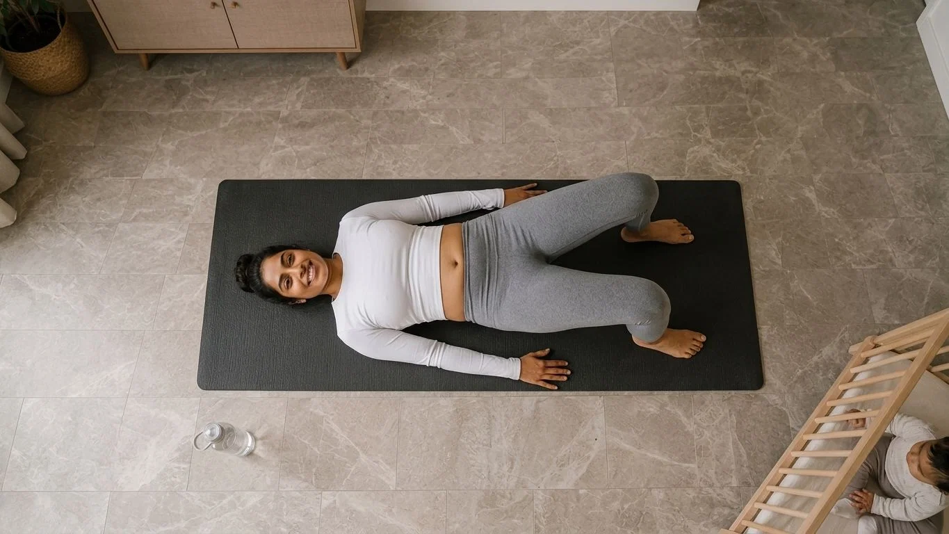 Vrouw oefent yoga op mat thuis en herstelt haar fitnessroutine na bevalling met stap-voor-stap aanpak