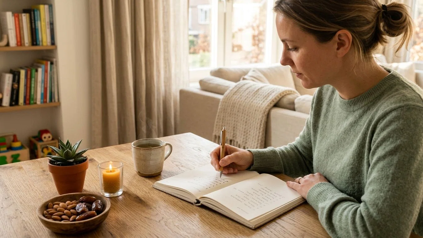 moeder-mentale-gezondheid-zelfvertrouwen-checklist-1 Moeder schrijft in notitieboek tijdens zelfzorg moment met thee en kaars voor mentale gezondheid