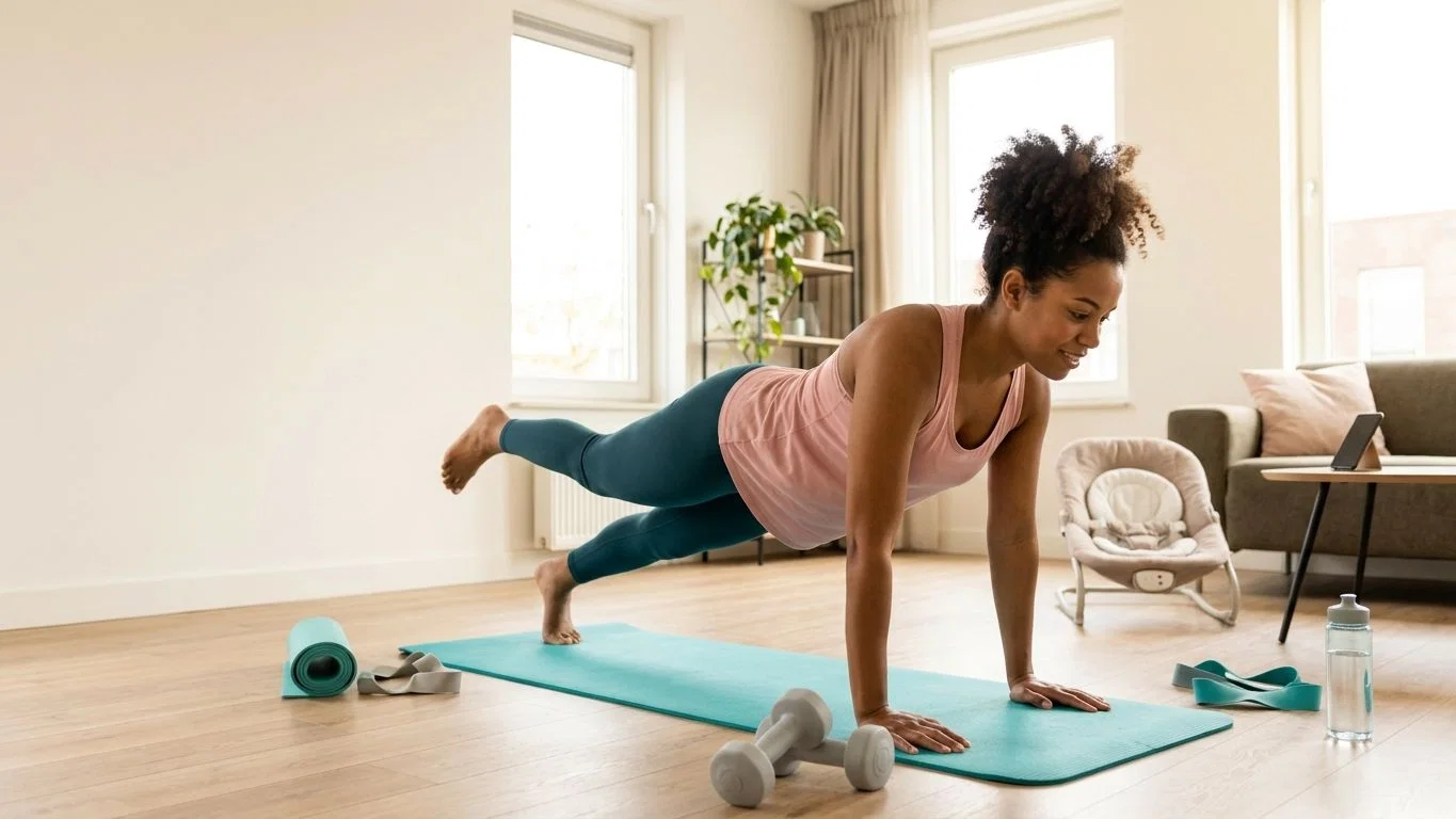 Moeder doet plank-oefening thuis op yogamat met babyspeelgoed zichtbaar, illustratie van fitness na bevalling