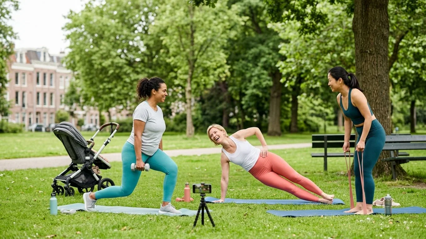 Drie moeders trainen samen in het park en filmen hun workout, waarbij ze elkaar motiveren en een supportieve