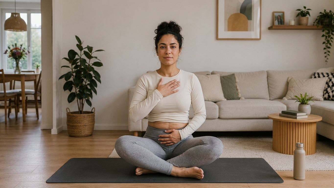 Jonge vrouw doet voorzichtige ademhalingsoefeningen op yogamat thuis, illustreert veilig beginnen met lichaamsbeweging n