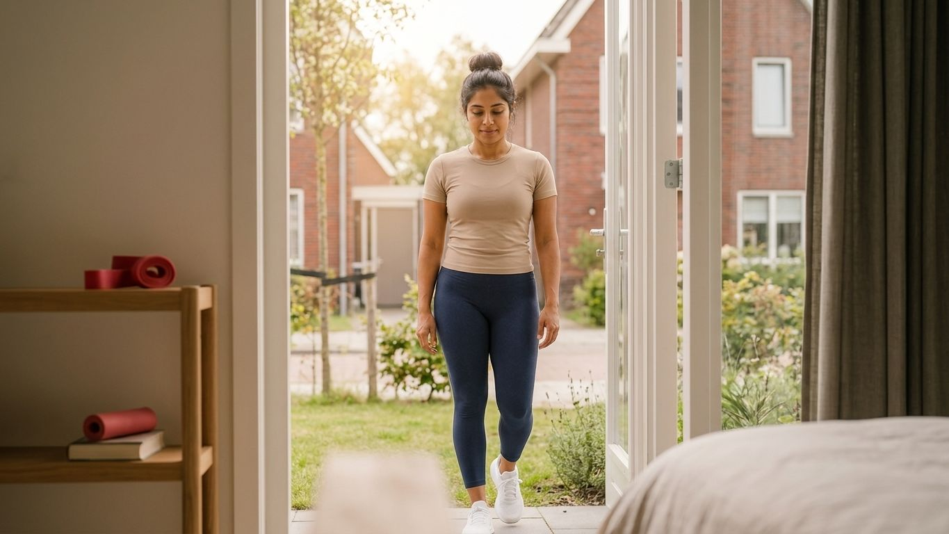 Jonge vrouw in sportkleding jogt buiten op zonnige dag, illustreert timing van sporten na bevalling