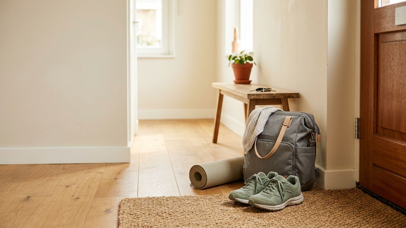 sporten-na-bevalling-wanneer-starten Sporttas, trainingsschoenen en yogamat thuis als voorbereiding op postnatale fitnessroutine