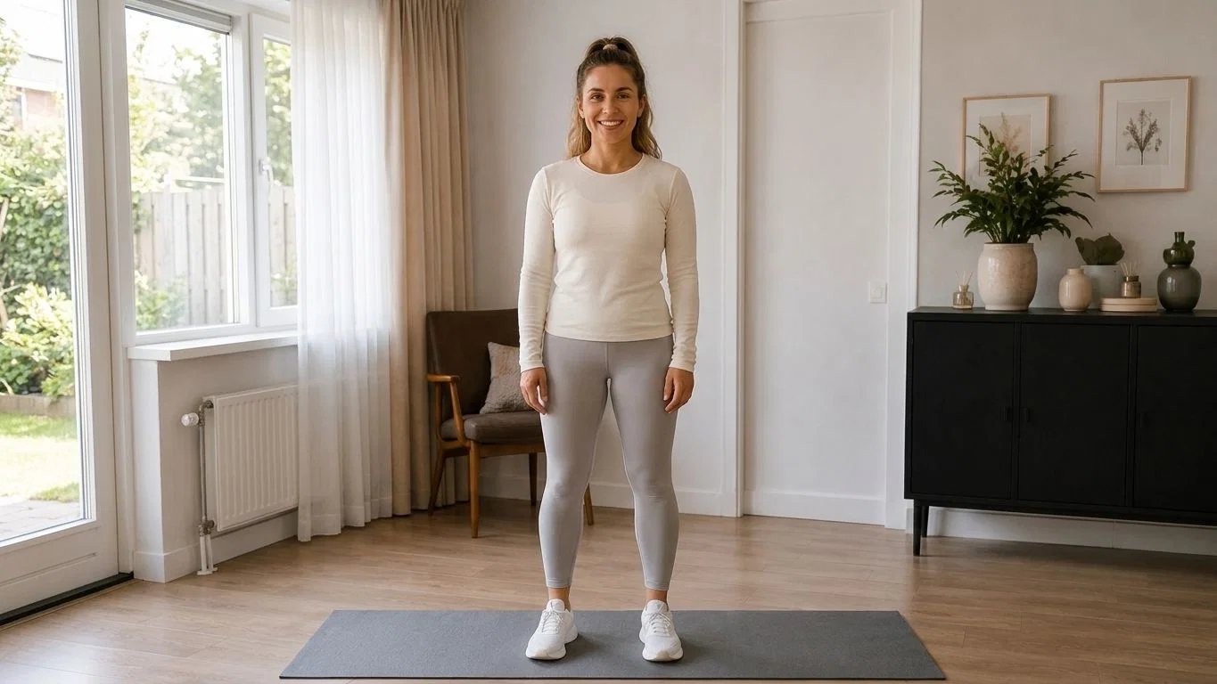 Zwangere vrouw voert voorzichtig yoga-oefeningen uit in een rustige woonkamer met natuurlijk licht