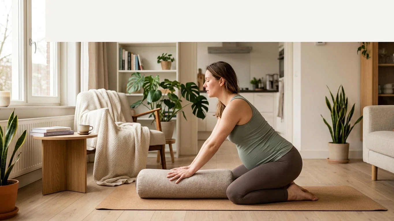 yoga-zwangerschap-thuis-oefenen-1 Zwangere vrouw voert voorzichtige yoga-oefening uit op mat in lichte woonkamer thuis