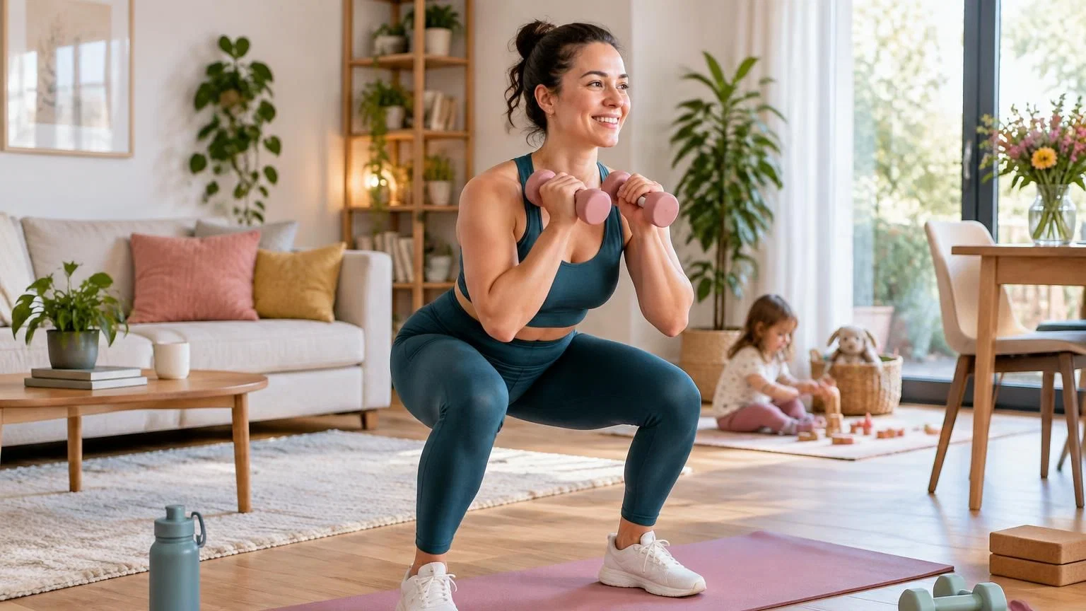 75-soft-challenge-drukke-moeder Moeder trailt thuis met roze halters als onderdeel van 75 soft challenge fitnessprogramma voor drukke ouders