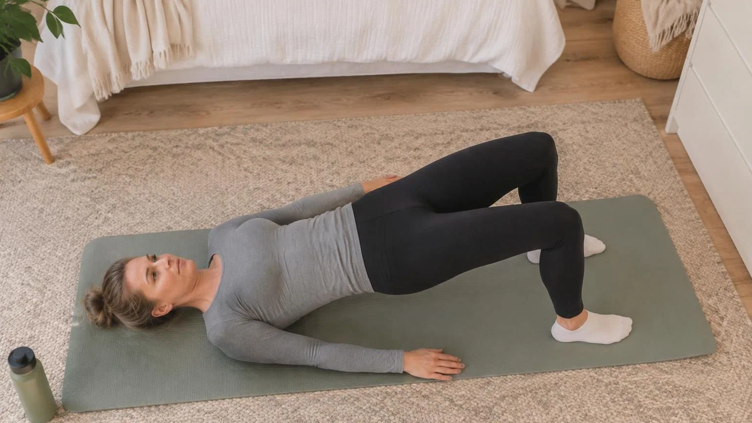 Mother doing 75 soft challenge home workout on yoga mat in living room