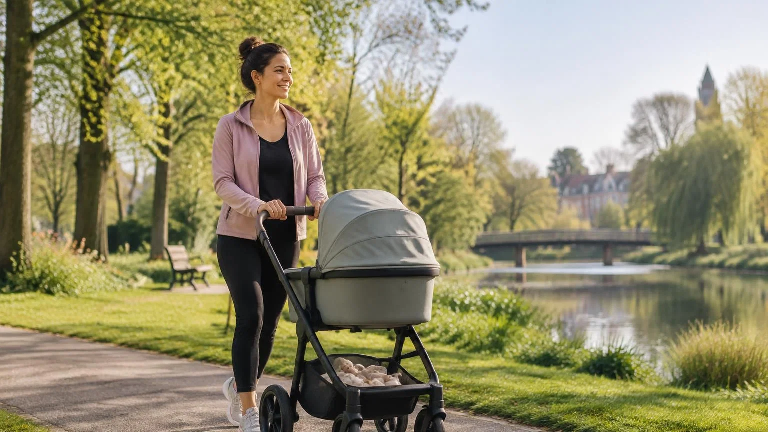 Moeder doet een lichte core-oefening op een fitnessmat thuis