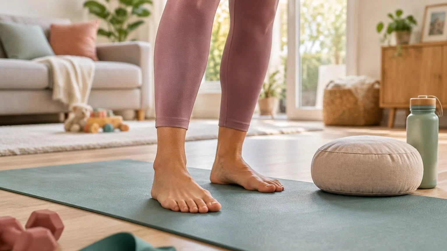 Vrouw voert een lichte core-oefening uit tijdens een pilatessessie thuis