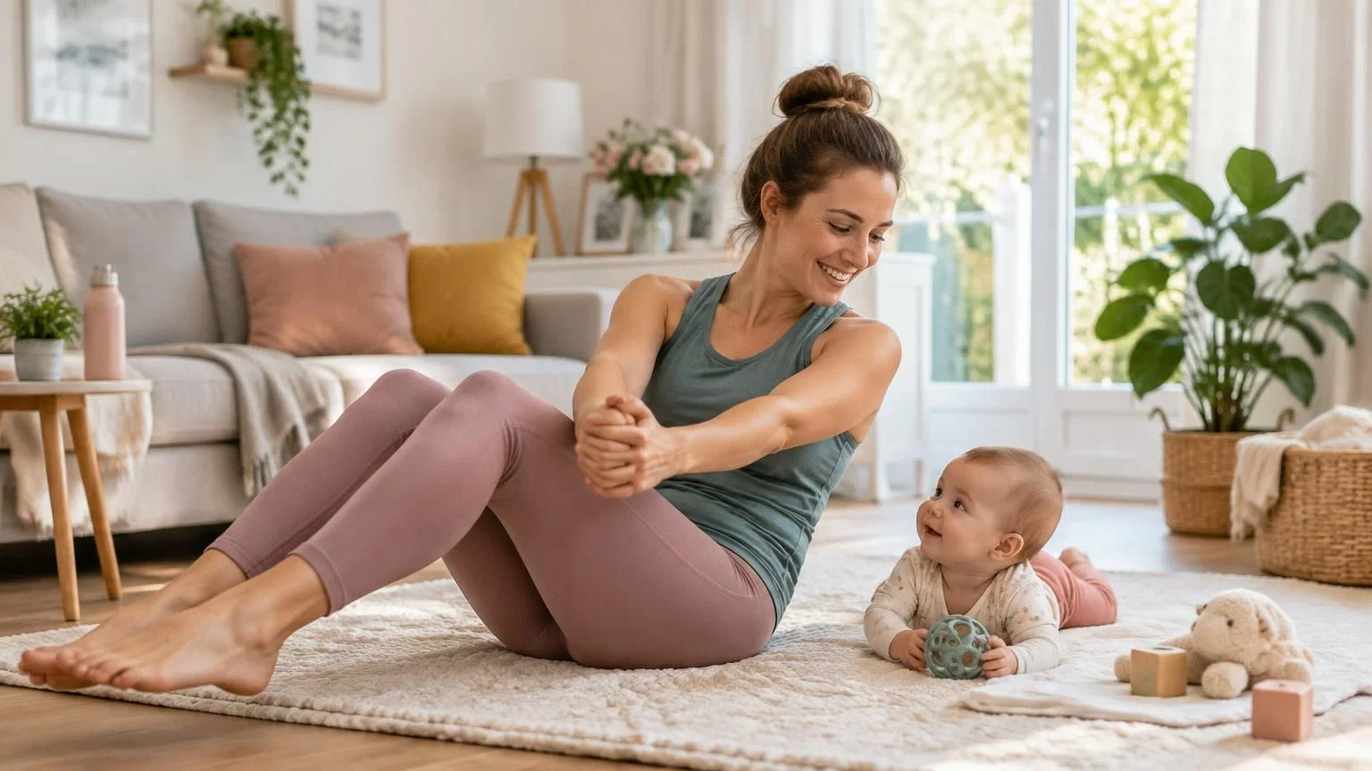 Moeder doet een korte work-out op een mat in de woonkamer terwijl haar baby op een deken ernaast speelt