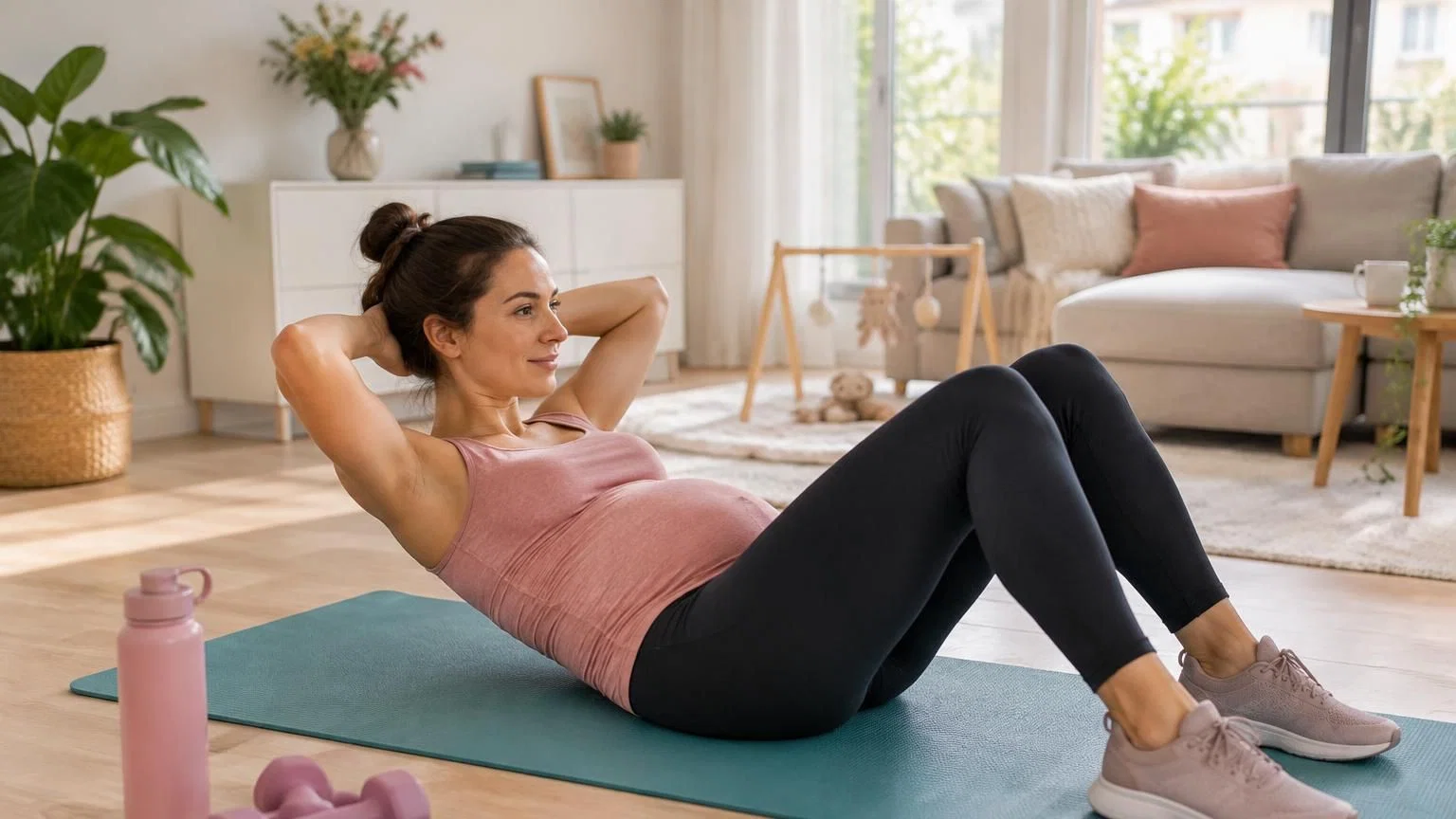 Zwangere vrouw doet veilige buikspieroefeningen op yogamat thuis met fitness accessoires