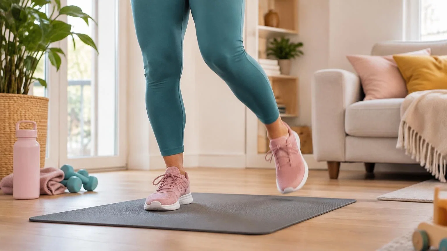 Vrouw voert high knees uit als onderdeel van een kort cardioblok thuis