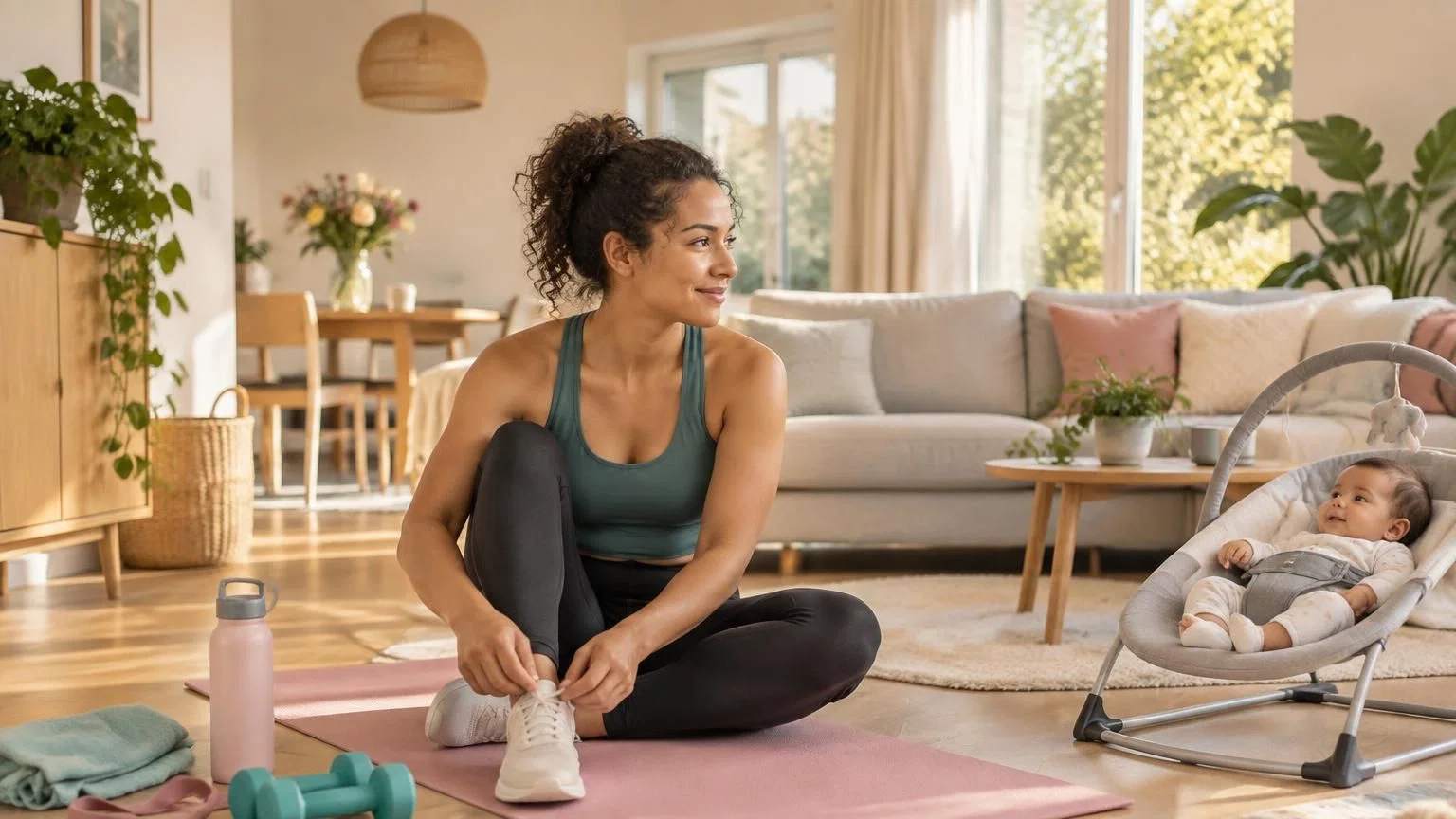 Moeder doet lichte bekkenbodem- en buikspieroefening op een fitnessmat thuis
