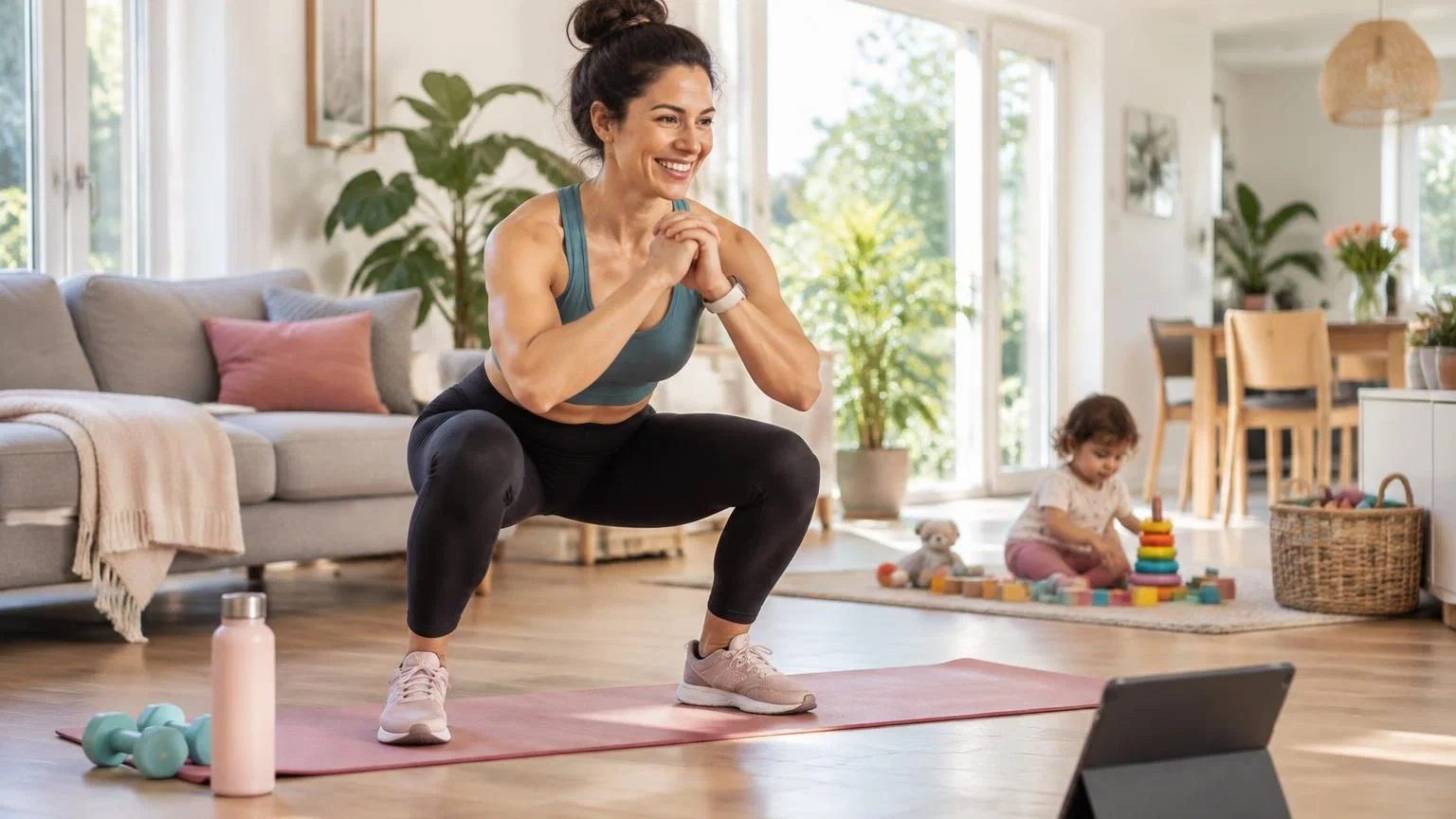 fitness-thuis-drukke-moeder-kind Moeder doet een korte thuisworkout op een fitnessmat in de woonkamer terwijl haar baby dichtbij ligt te slapen