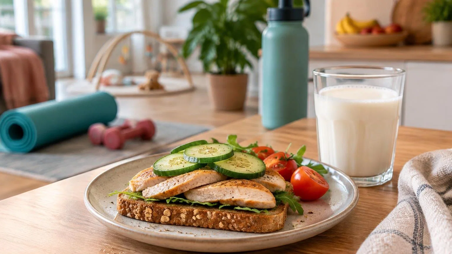 Bord met volkorenbrood, kipfilet en een glas melk als maaltijd na het sporten