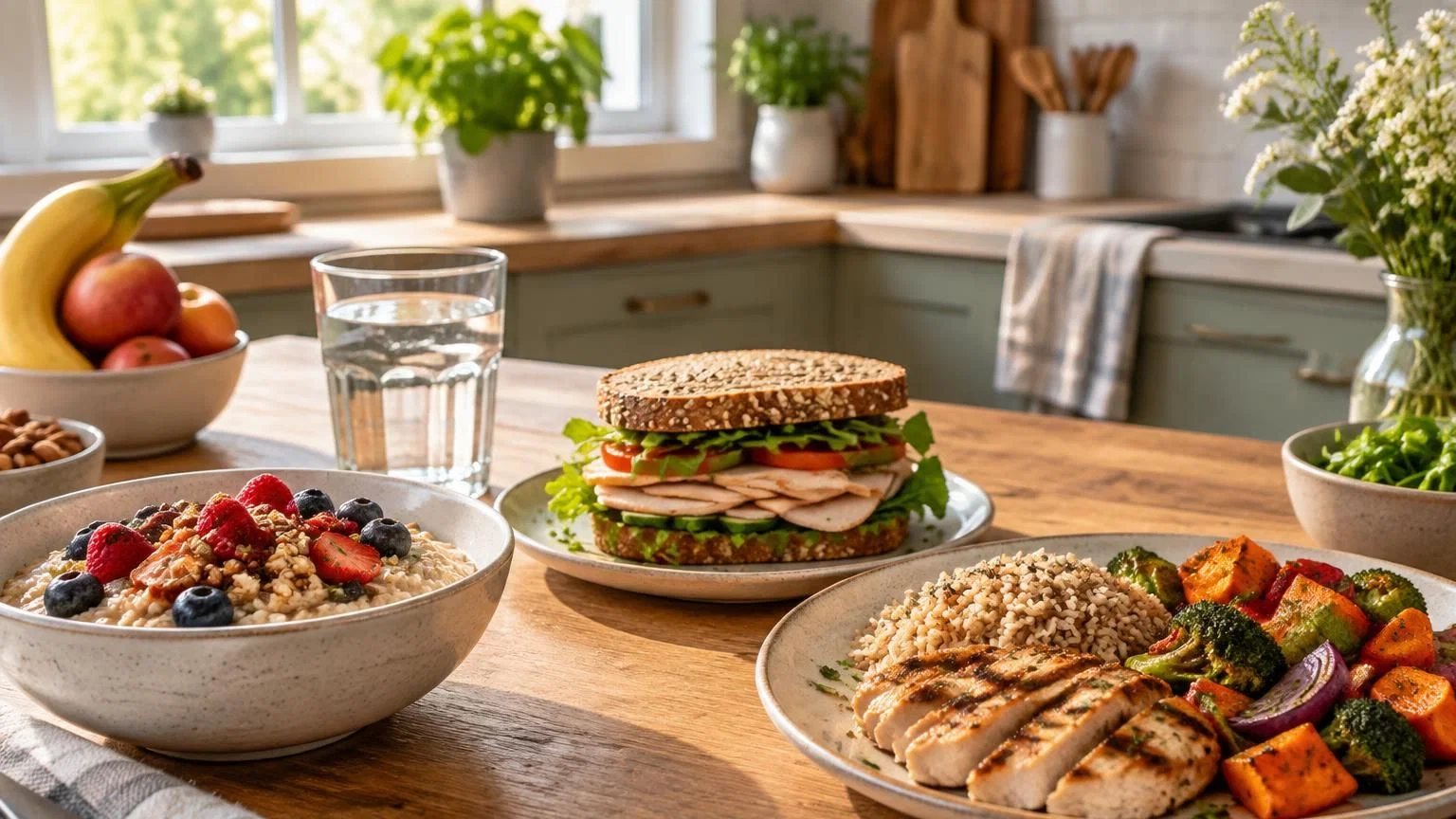 Gezonde maaltijden met granen, groenten en kip tonen voldoende calorieën voor postnataal gewichtsverlies