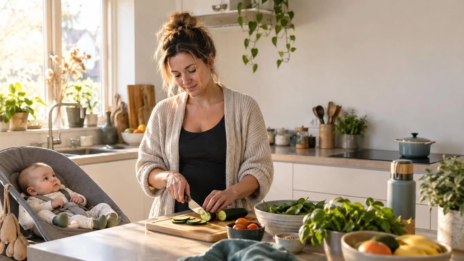 gezonde-koken-moeder-baby-thuis-1 Moeder maakt een snelle gezonde lunch in de keuken terwijl haar baby dichtbij speelt