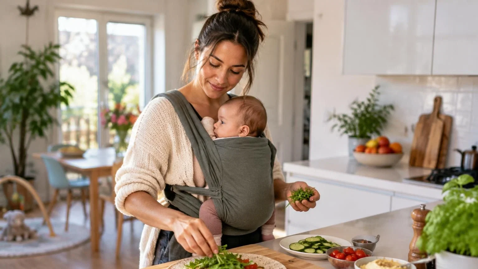 gezonde-lunch-tien-minuten-mama-1 Moeder maakt in de keuken een snelle lunch met eieren en groente terwijl de baby slaapt