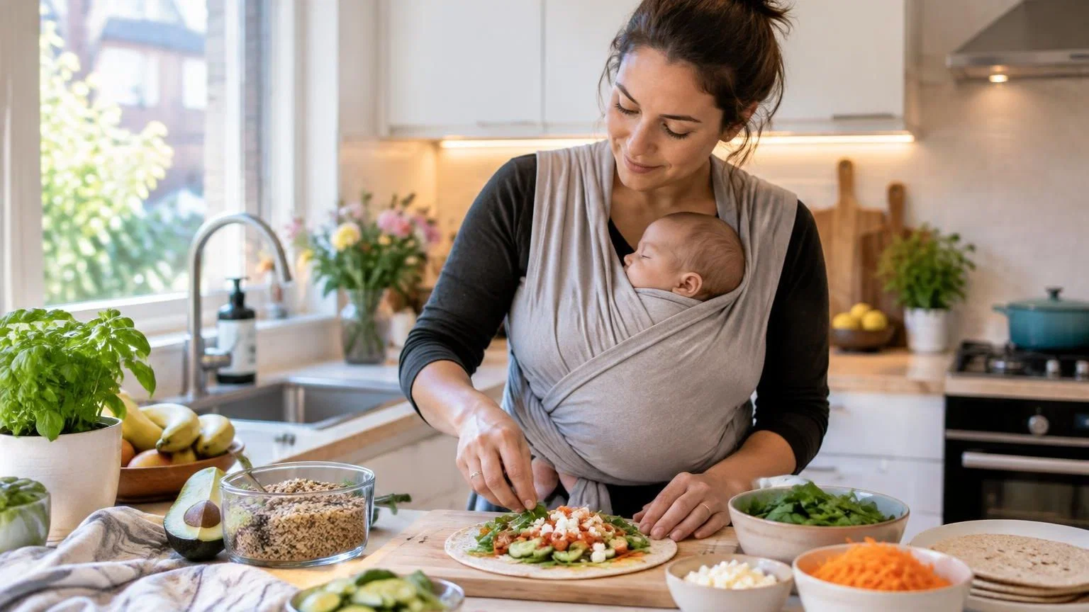 Bord met omelet, quinoa en spinazie als snelle gezonde lunch