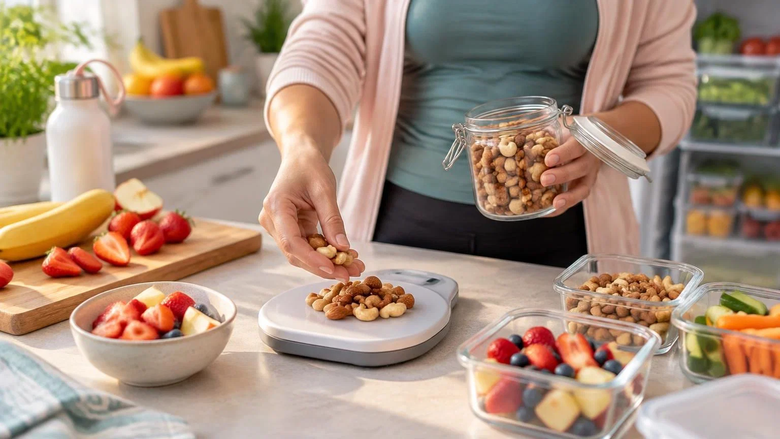 Afgesloten bakjes met groente, fruit en noten in porties voor een drukke week