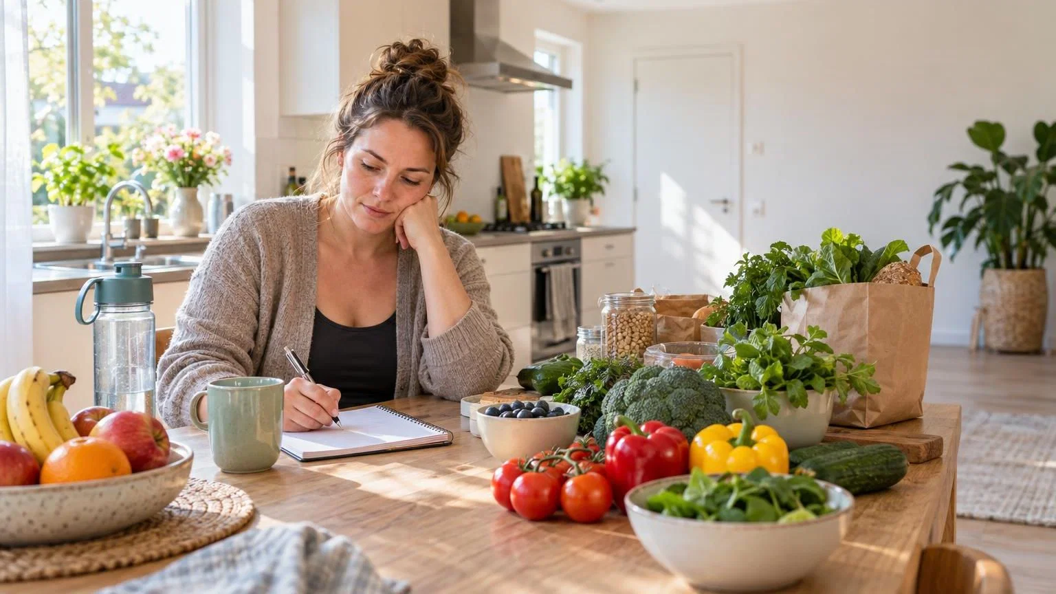 Moeder bereidt gezonde maaltijden voor op het aanrecht als onderdeel van een weekmenu