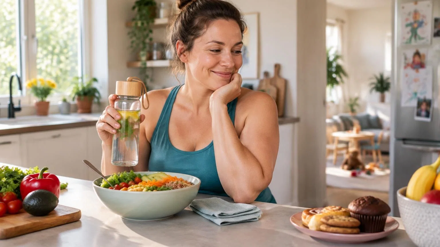 gezonde-voeding-hongergevoel-onderdrukken-1 Vrouw eet gezonde salade en drinkt water in moderne keuken, gezonde manier om hongergevoel te onderdrukken