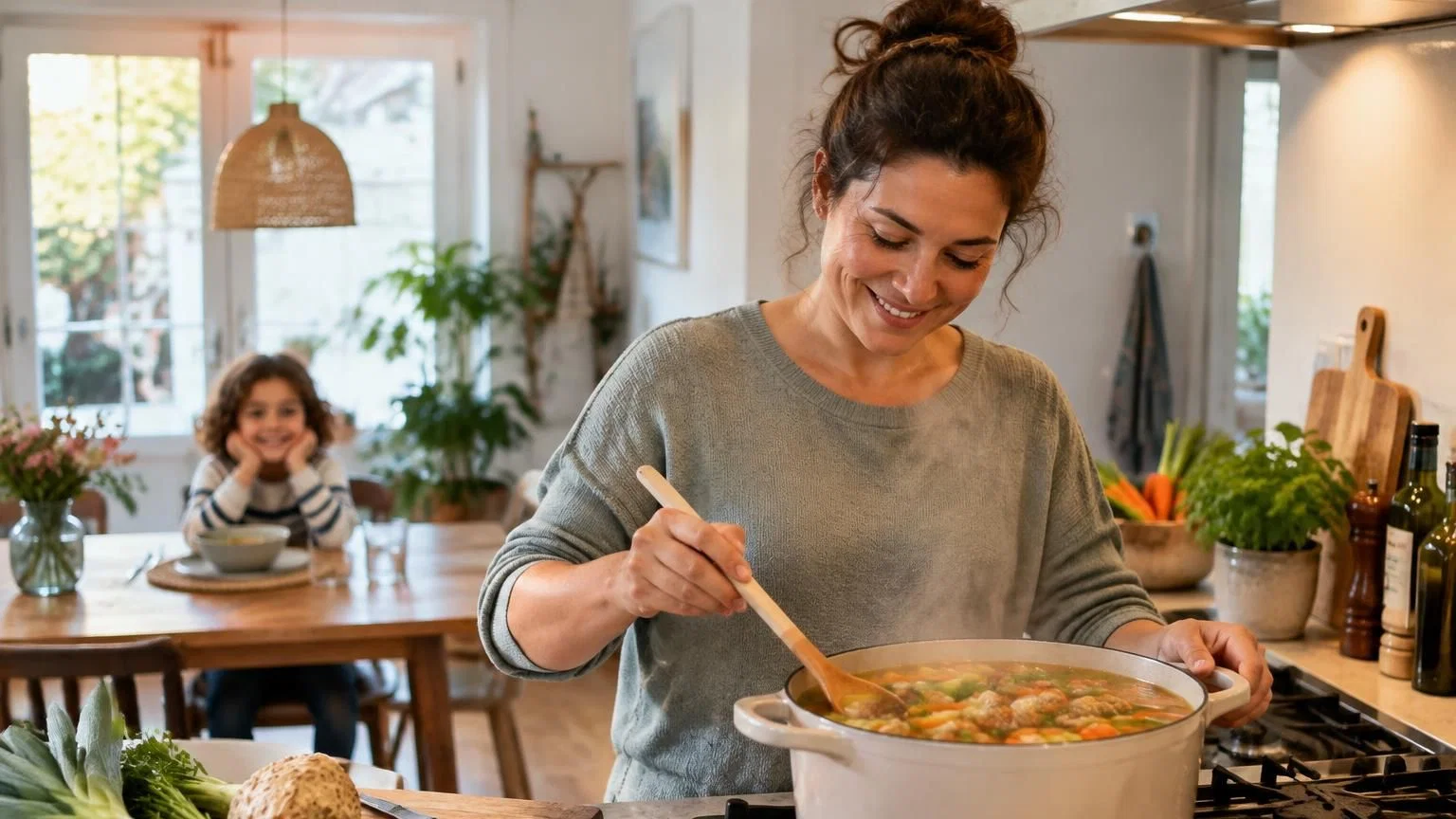 Kom groentesoep met balletjes, wortel, prei en tomaat op een houten tafel