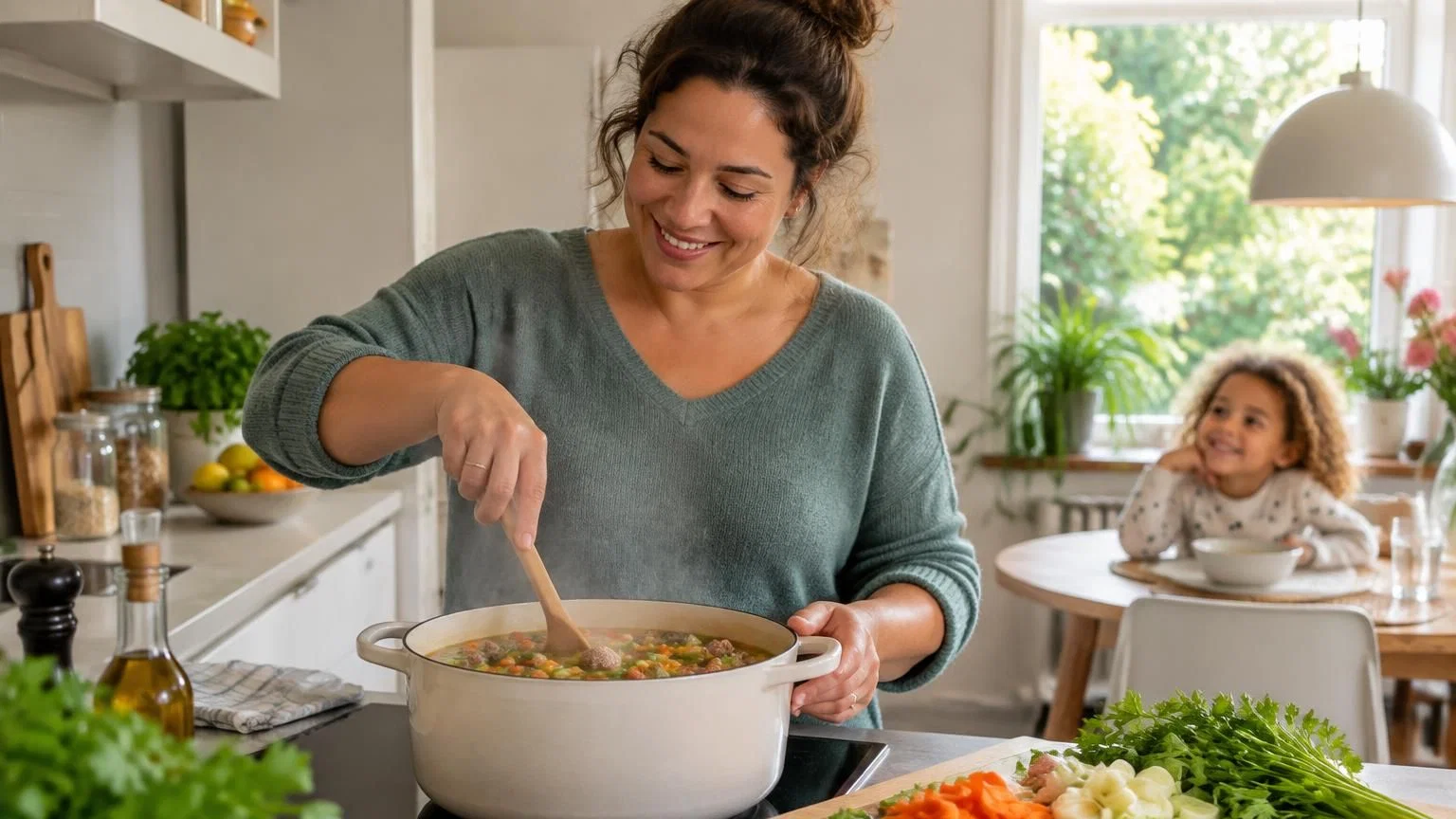 Pan groentesoep met balletjes en verse groente tijdens het koken