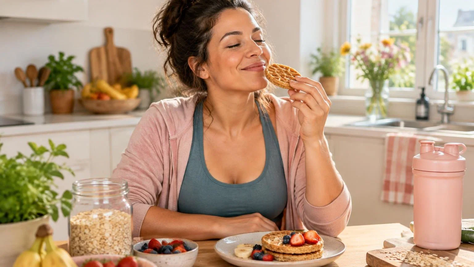 havermout-wafels-gezond-ontbijt-1 Vrouw eet havermout wafels met vers fruit bij een gezond ontbijt in moderne keuken