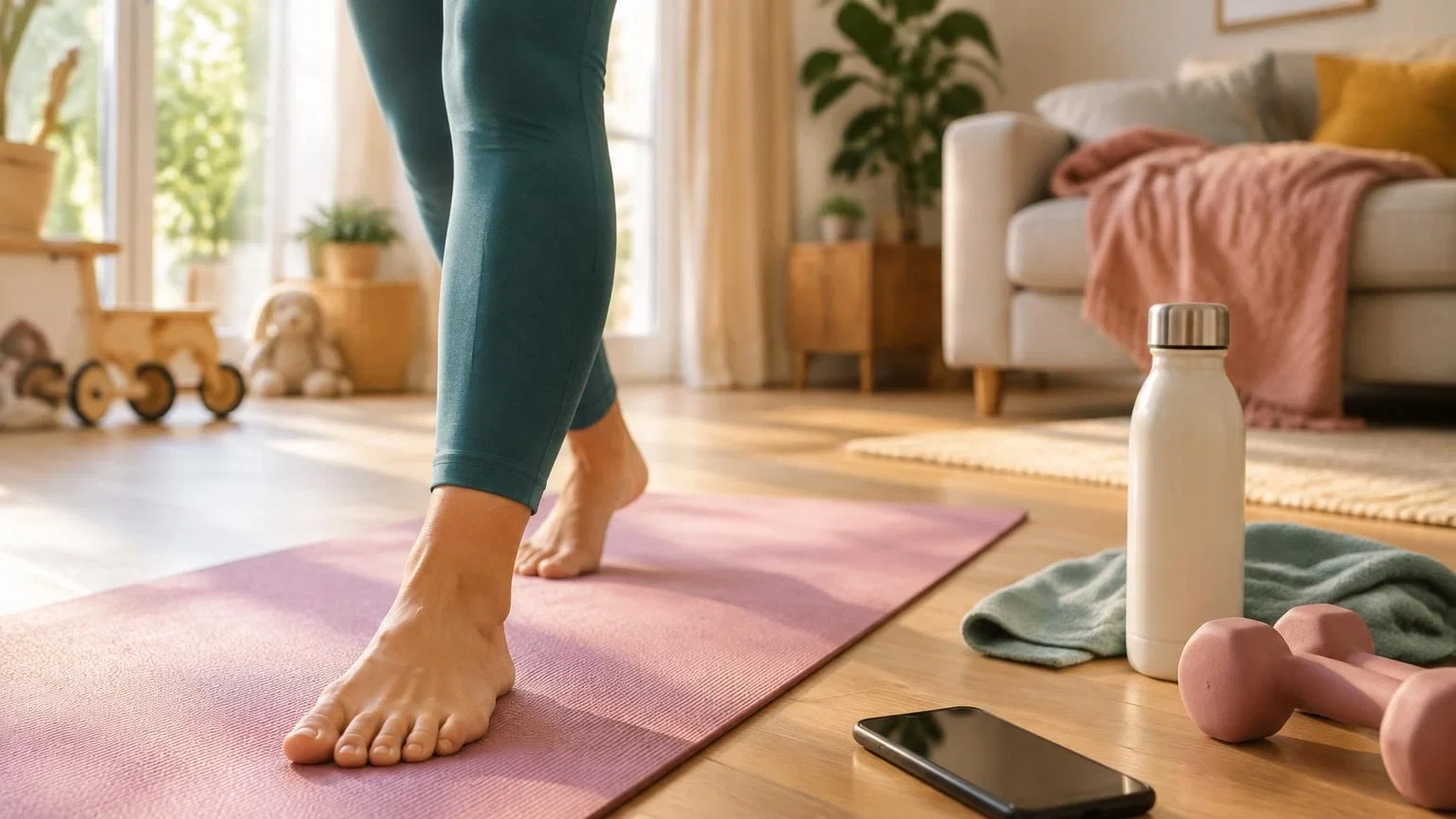 Moeder bouwt rustig een korte krachtoefening op tijdens een thuisworkout