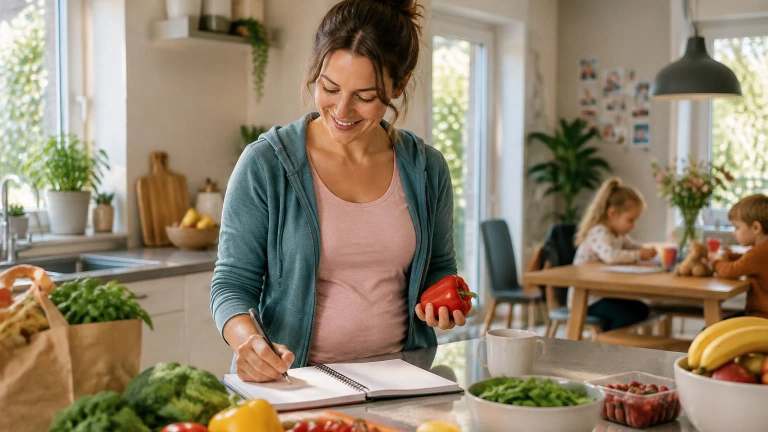 maaltijdplanning-gezin-gezonde-voeding Moeder plant maaltijden voor de week aan de keukentafel met een notitieblok en groente