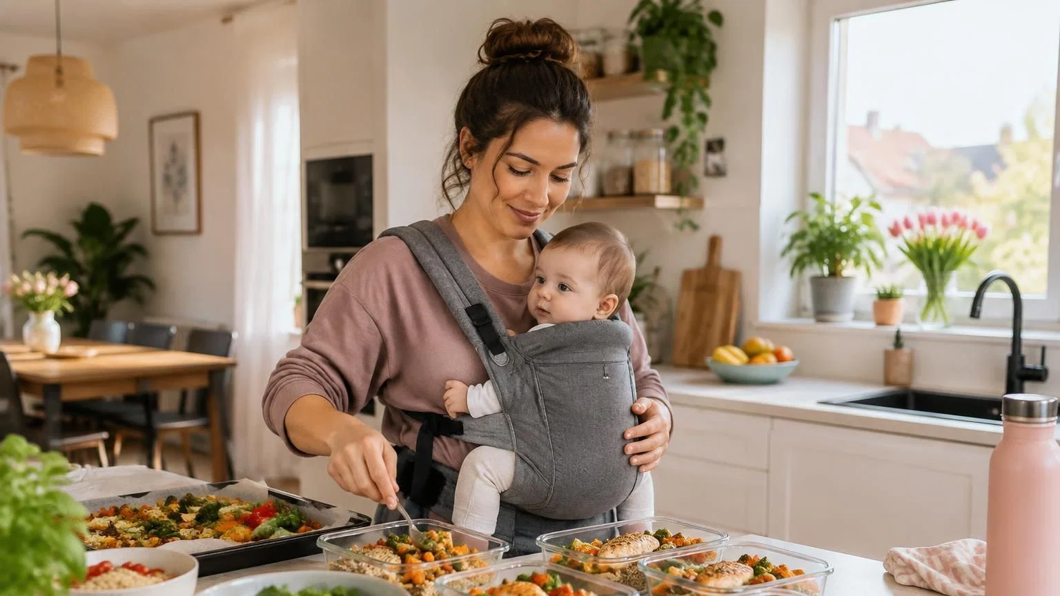 moeder-babydrager-meal-prep-keuken Moeder verdeelt gekookte rijst, groente en kip over bakjes voor meal prep op het aanrecht