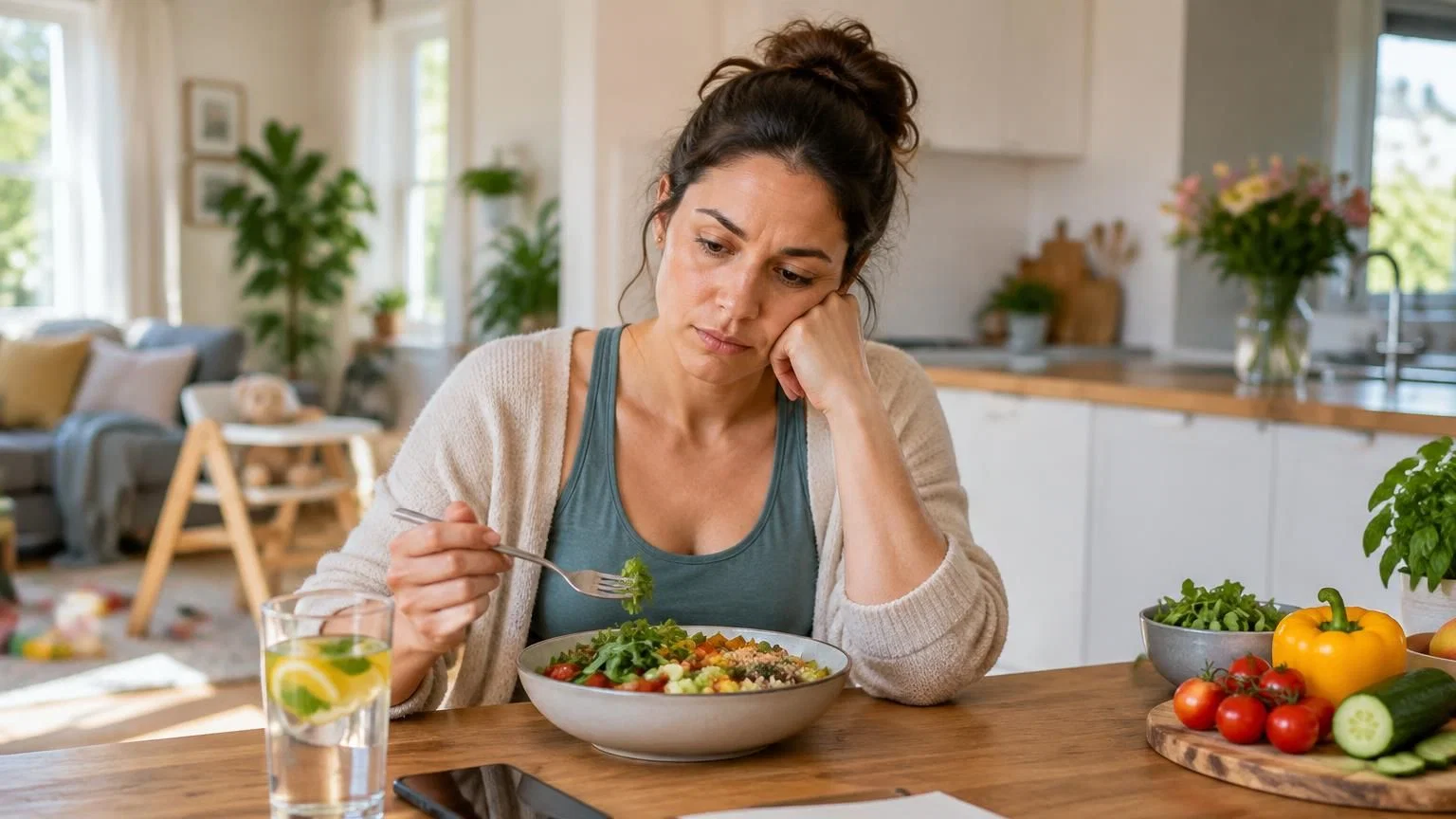 niet-afvallen-weinig-eten Vrouw twijfelend bij salade thuis: weinig eten kan gewichtsverlies juist belemmeren door metabolisme