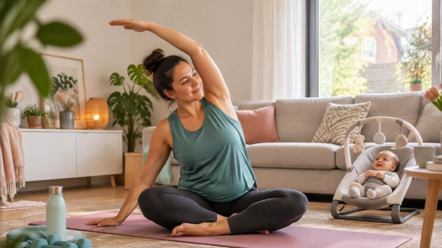 postpartum-sport-thuis-mama Moeder doet lichte core-oefening op een yogamat in de woonkamer tijdens postpartum herstel