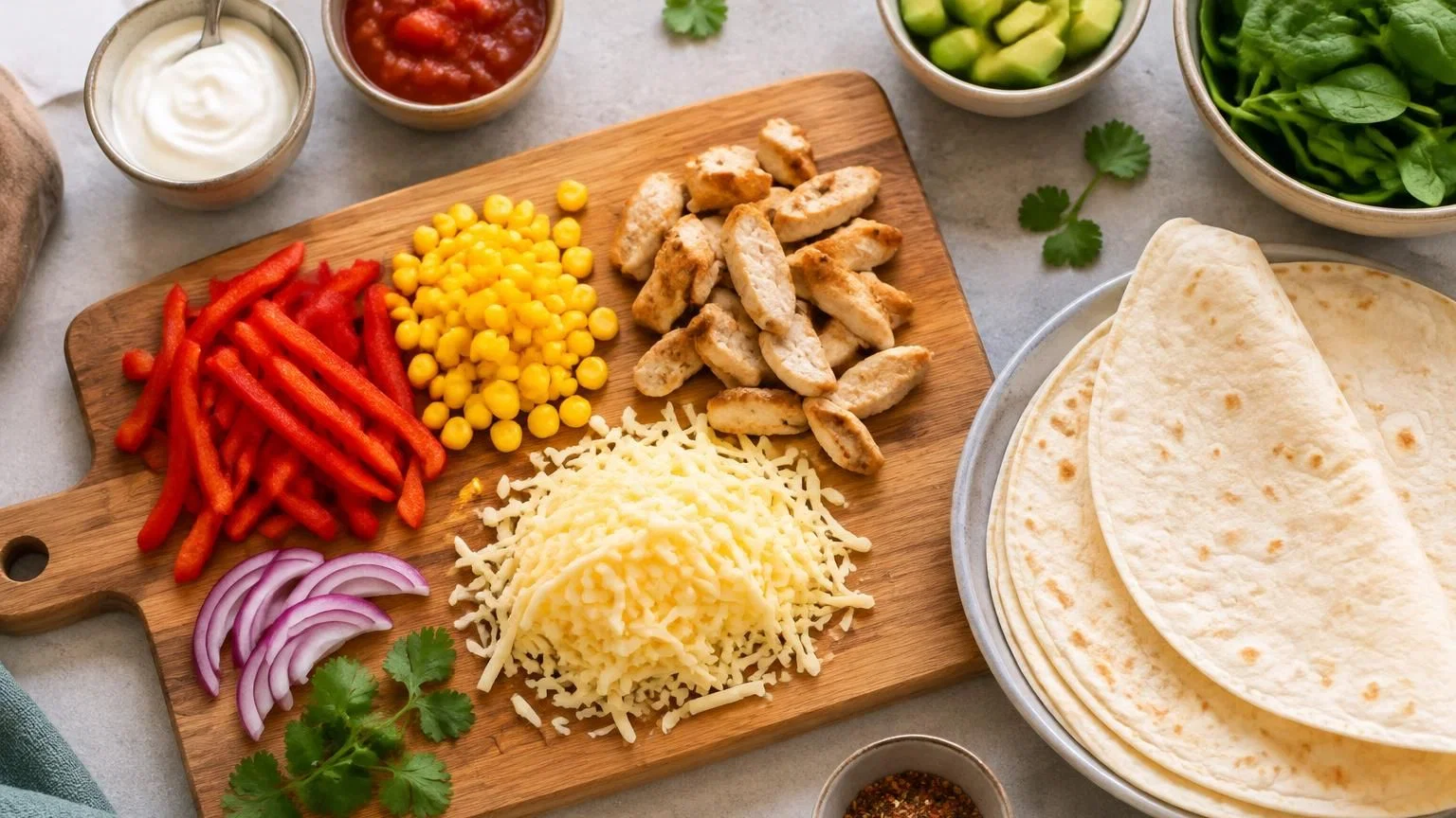 Quesadilla gevuld met gerookte kip, paprika en mais in een koekenpan