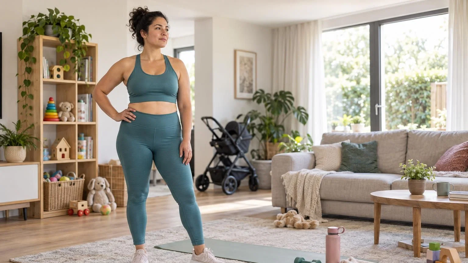 sport-dagelijkse-routine-moeder-1 Moeder doet een korte workout thuis op de vloer terwijl haar baby op een speelmat ligt