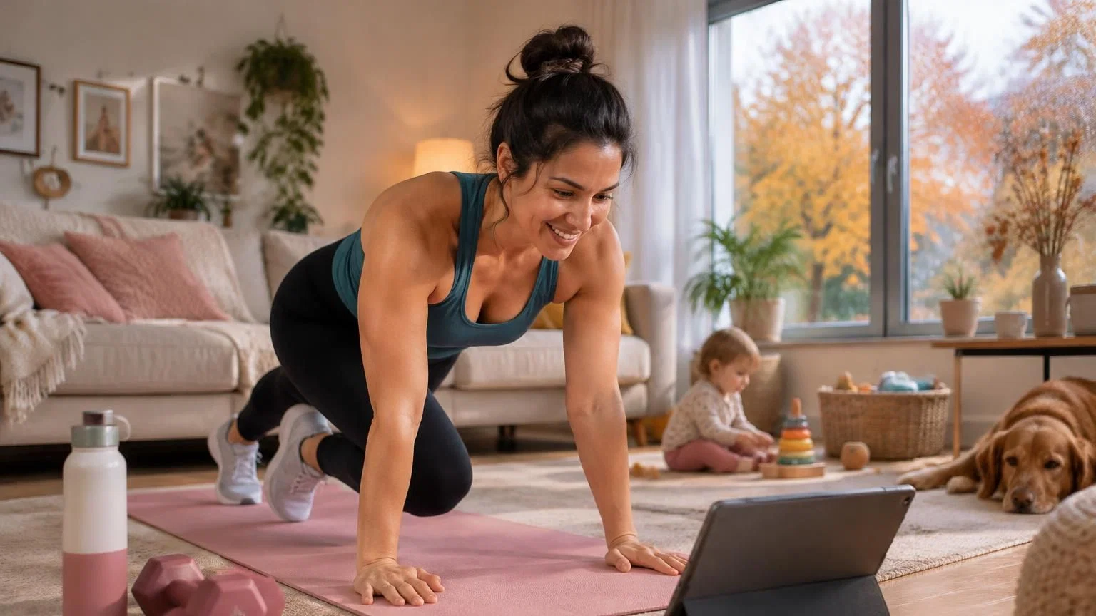 Moeder plant een korte thuisworkout in haar agenda naast een slapende baby in de herfst