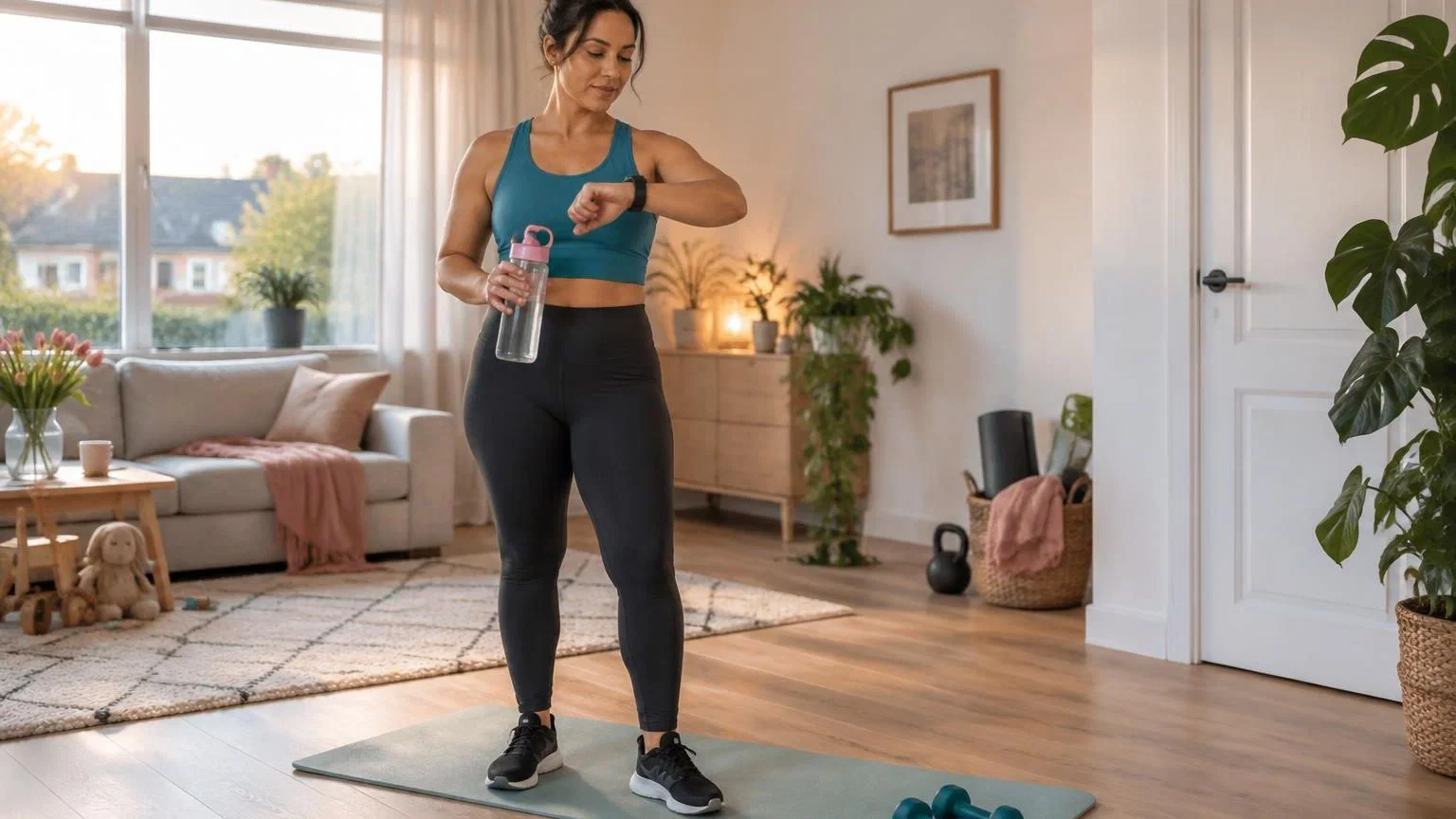 sporten-lege-maag-jonge-moeder-1 Moeder doet een rustige thuisworkout op een yogamat in de woonkamer