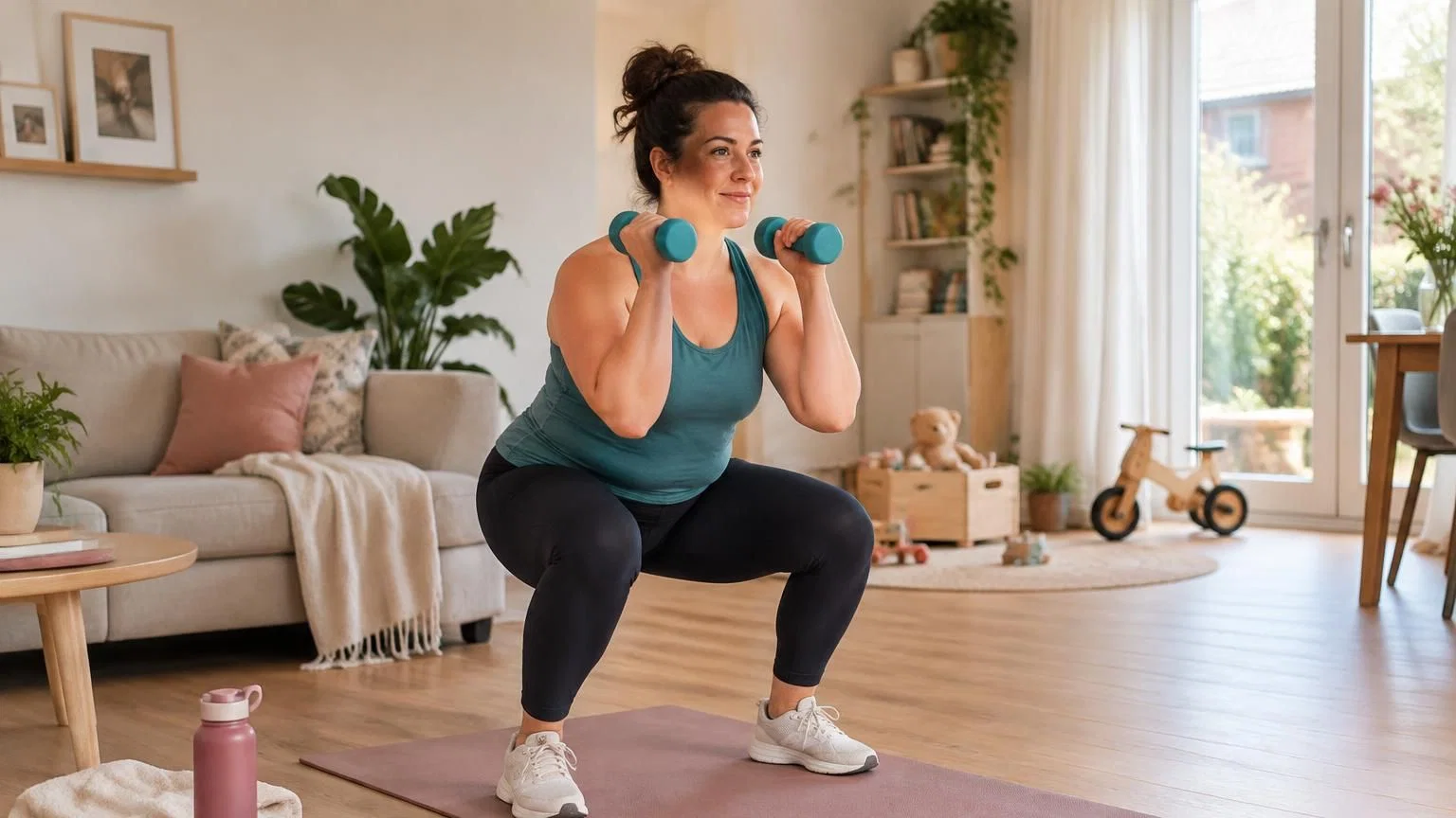strakker-worden-zonder-dieet-thuis Moeder doet een krachtoefening thuis op een fitnessmat in de woonkamer