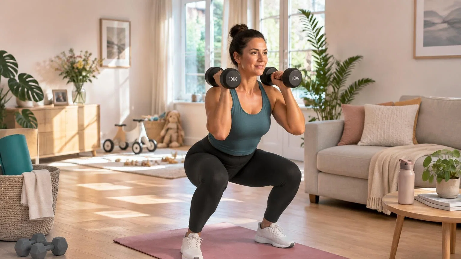 thuis-fitness-10kg-dumbbells-oefening Woman performing dumbbell squat with 10kg dumbbells in home gym with plants and training equipment