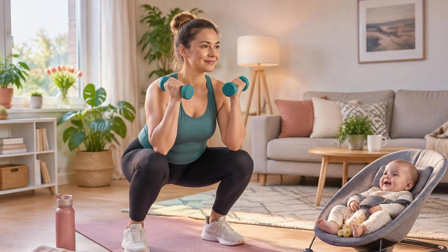 Jonge moeder traint thuis in de woonkamer met een fitnessmat terwijl haar baby in de buurt speelt