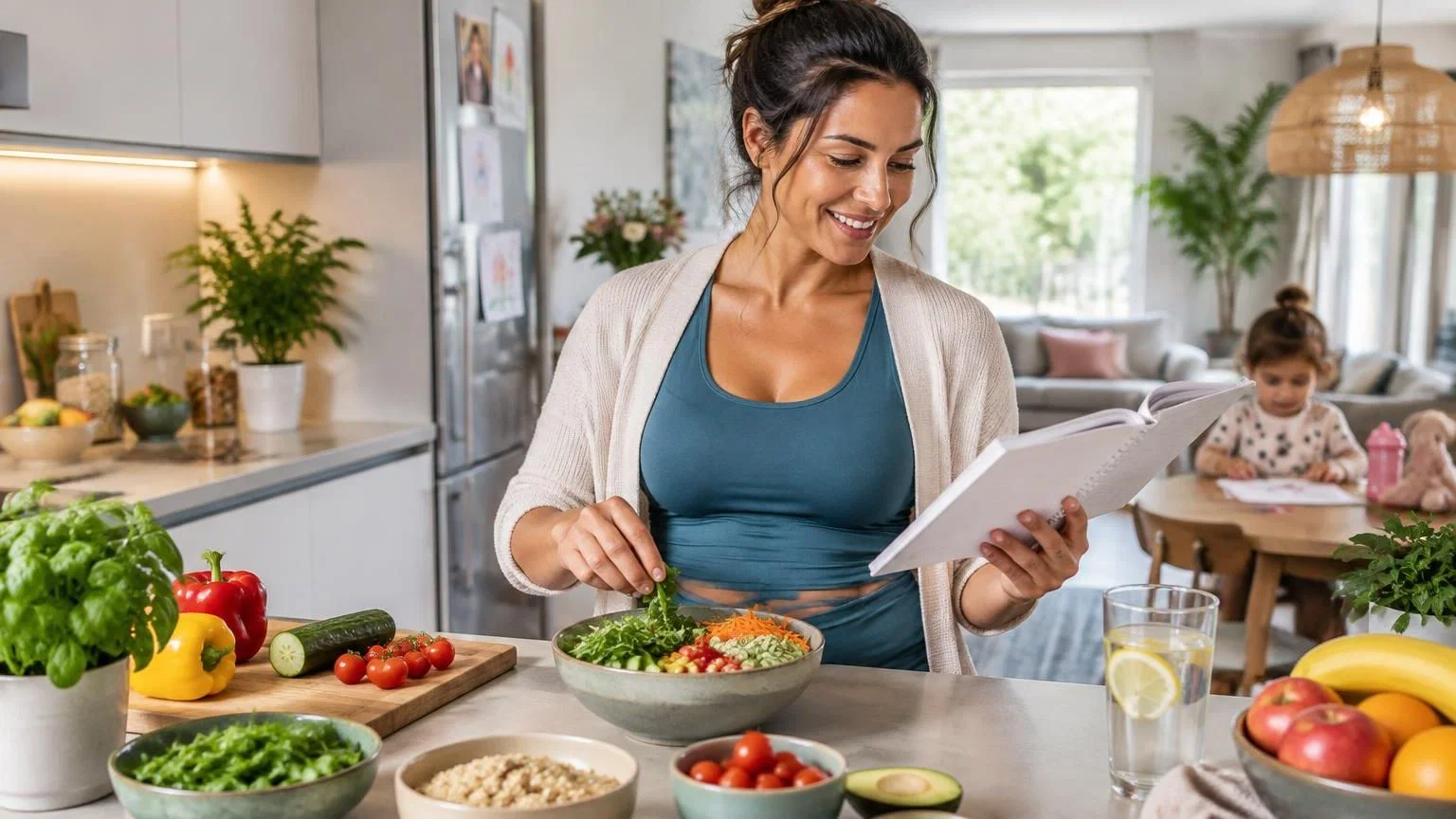 voeding-6-maanden-postnataal-structuur Moeder bereidt gezonde salade in moderne keuken terwijl ze tablet raadpleegt voor postnataal voedingsschema