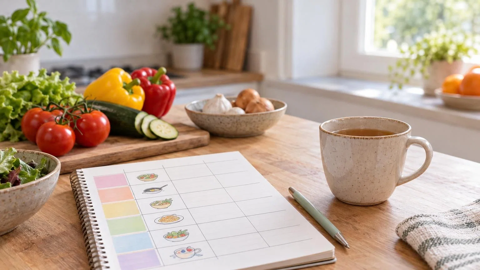 Vrouw bereidt een gevarieerde lunch met brood en verse ingrediënten in haar keuken