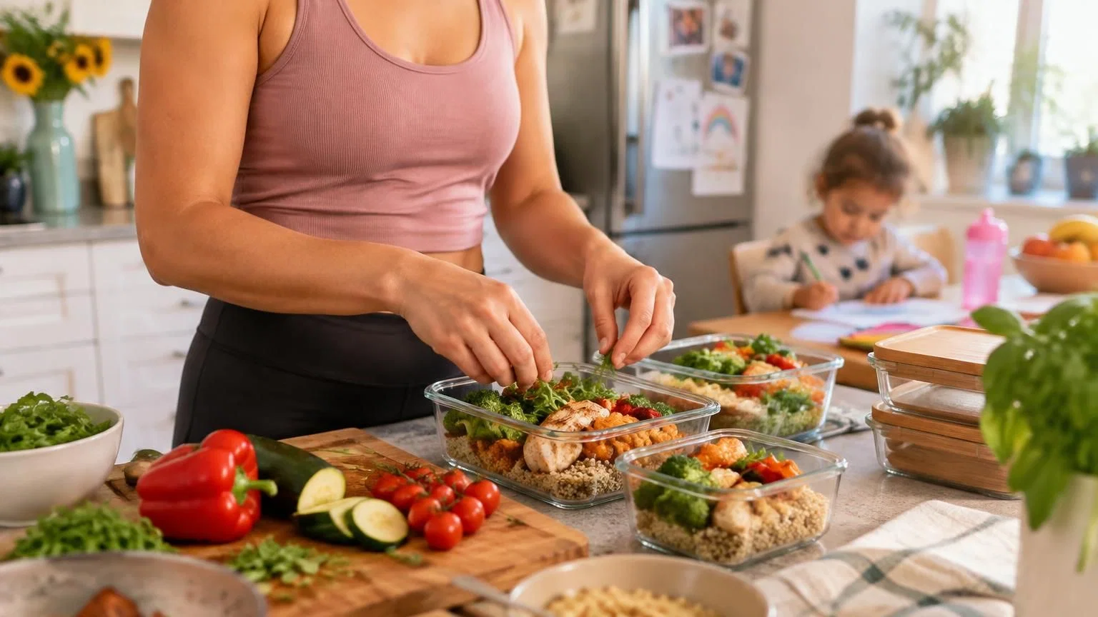 Overzicht van een weekmenu met ontbijt, lunch, diner en tussendoortjes voor een drukke moeder