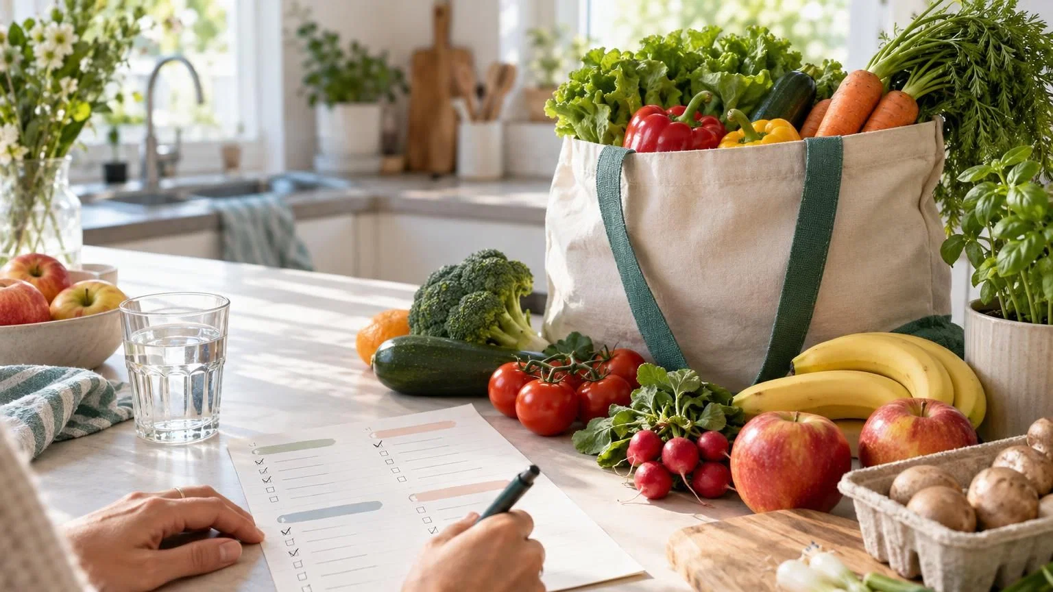 Weekmenu boodschappenlijst voorbereiding met verse groenten en fruit op het aanrecht in moderne keuken