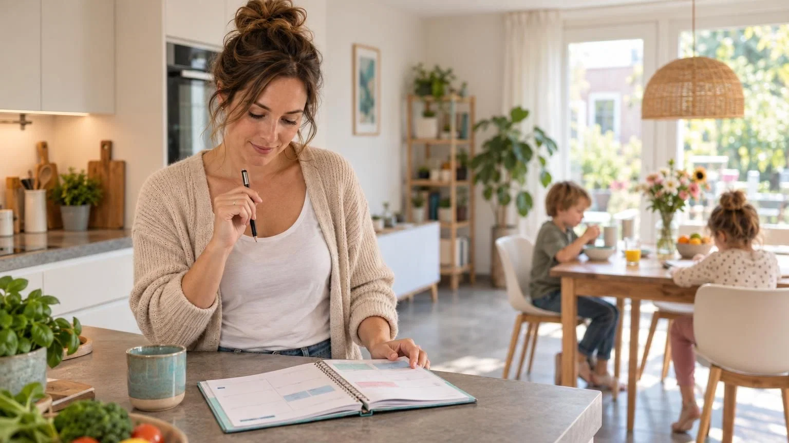 weekmenu-gezin-planning Gezin aan tafel met een ovenschotel van kip, groente en volkoren pasta op het weekmenu