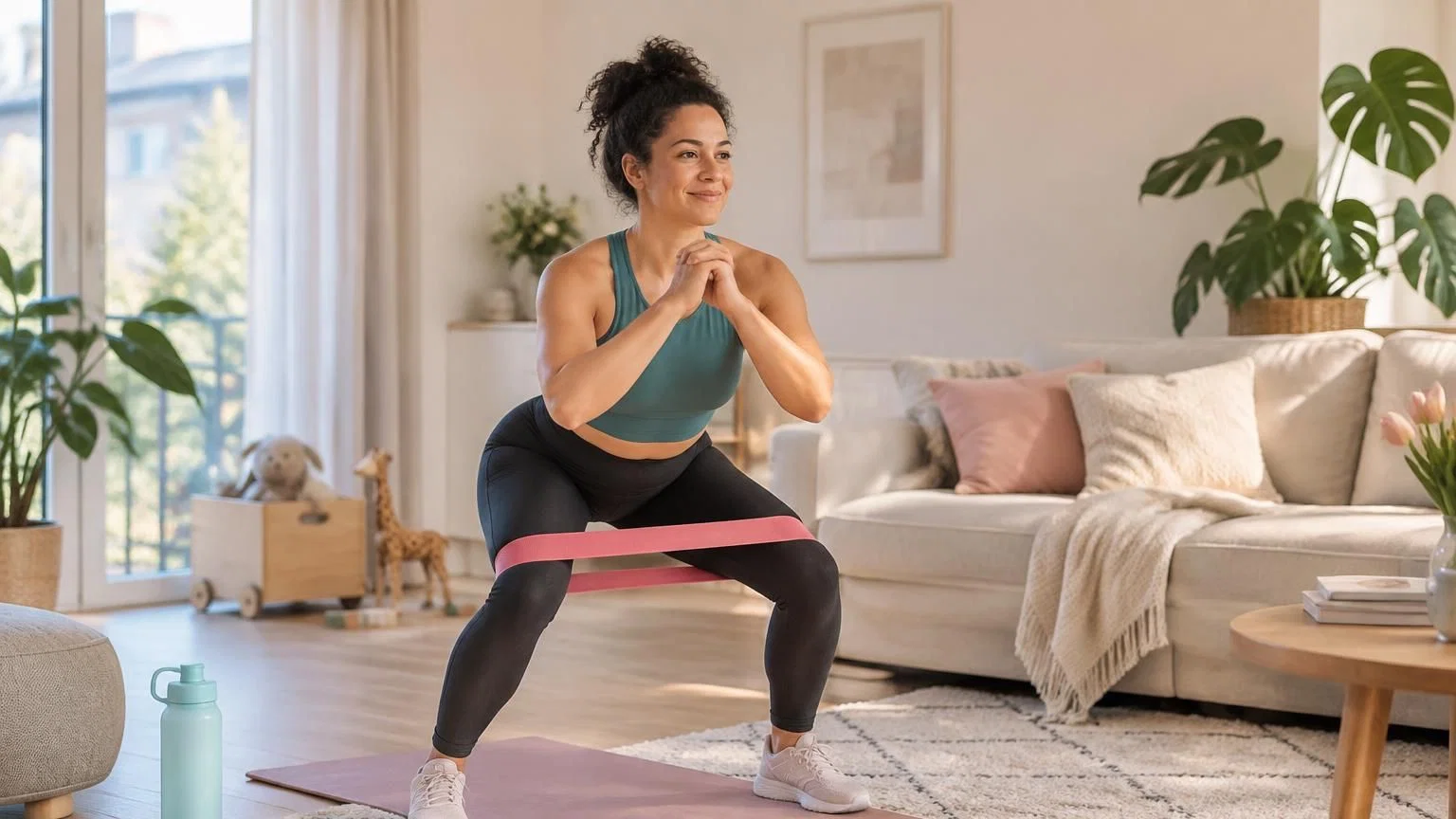 weerstandsbanden-oefeningen-thuis-mama-1 Moeder doet squatoefeningen met roze weerstandsband in woonkamer voor home fitness training