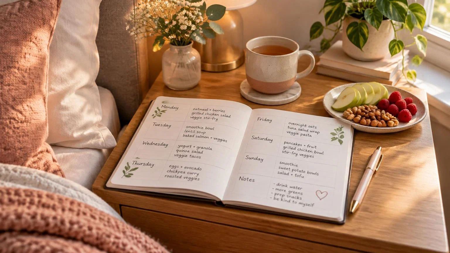 Weekmenu planner met voedzame maaltijden inclusief bessen, lentsoep en groenten voor gezonde meal prep